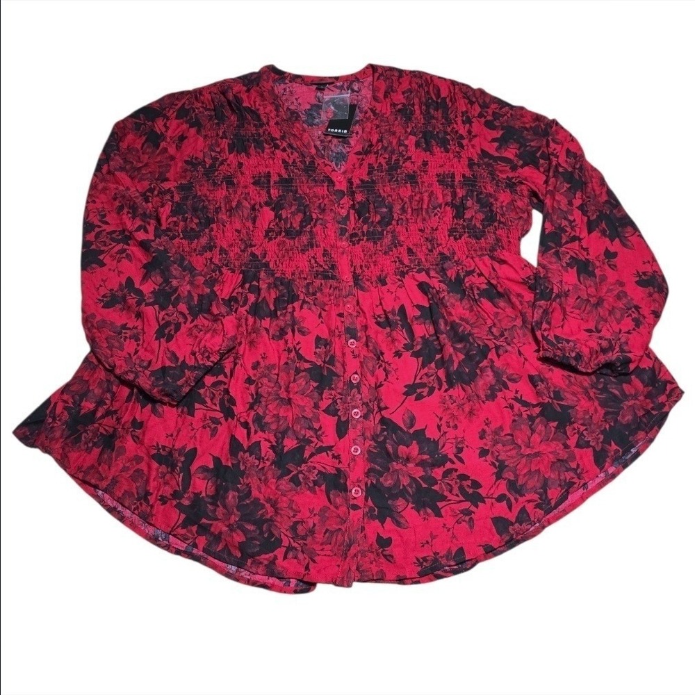 Torrid Tunic Top Womens Smocked Floral Button Down Red Black 2X NEW - Picture 7 of 13